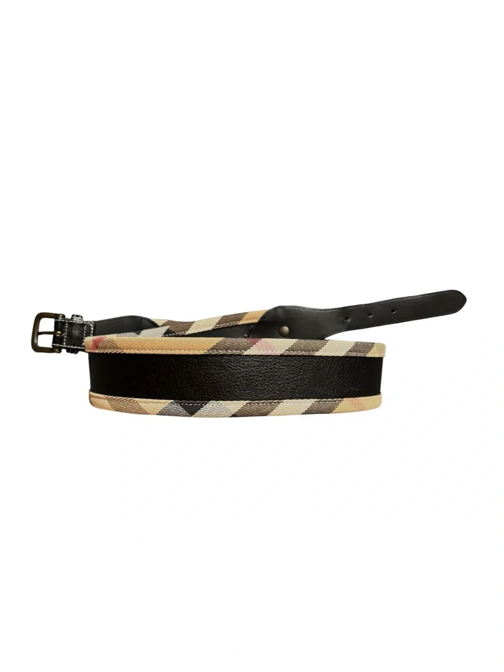 Burberry Black Leather Belt with Signature Beige Check Accent